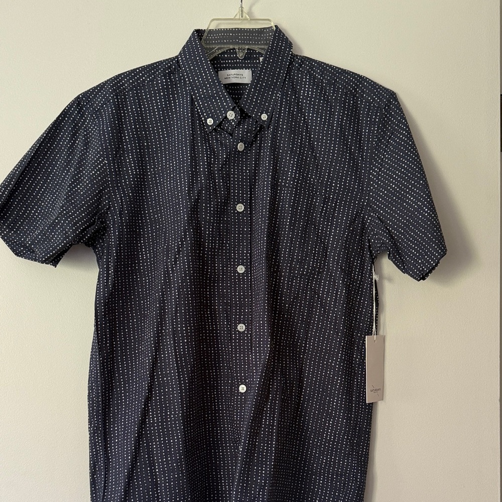 Saturdays New York City Navy Short-Sleeve Button-Down with White Dot Stripe